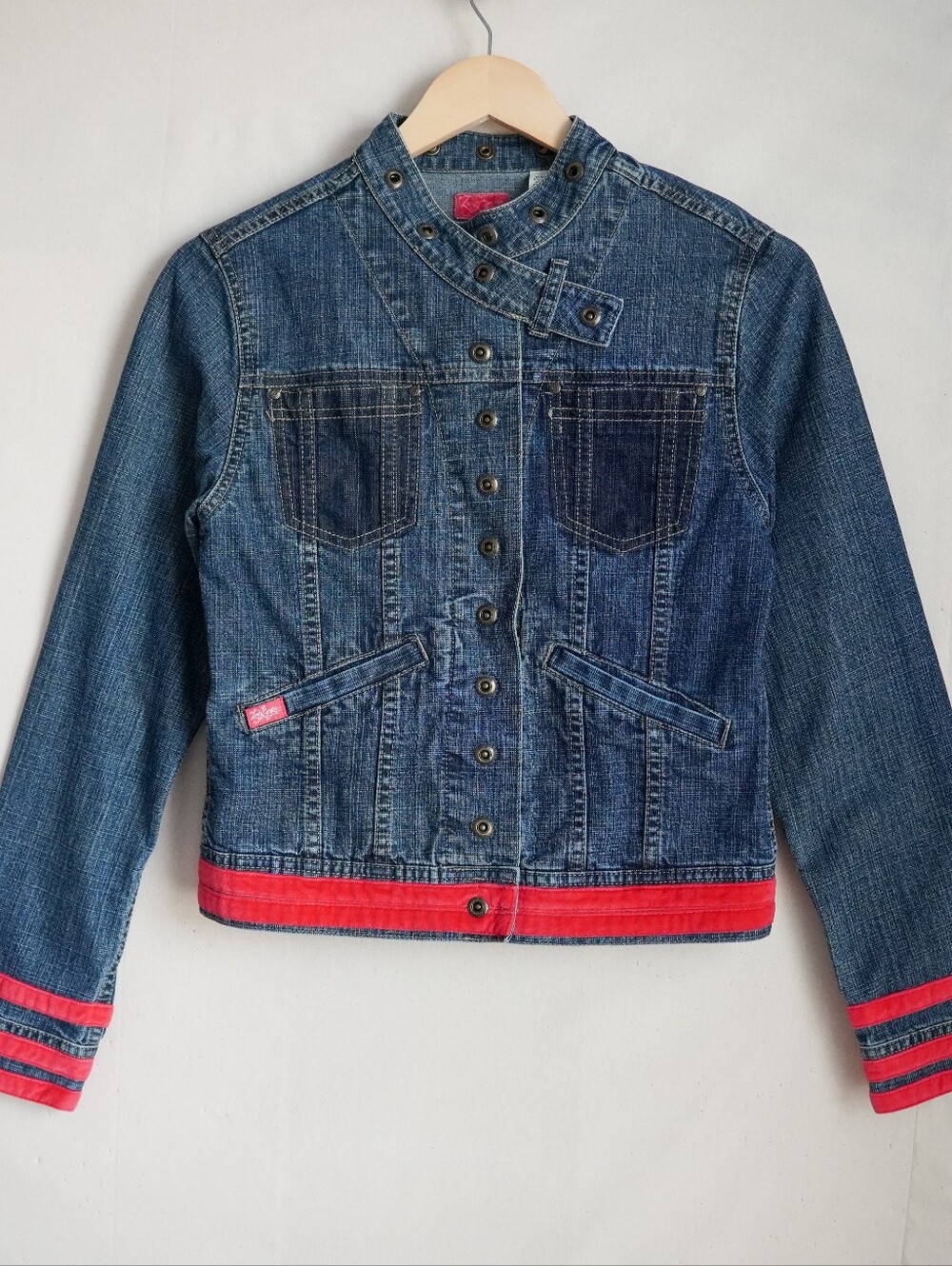 Y2K Lady Enyce Denim Moto Jacket Blue Red Trim Grommet Collar Small